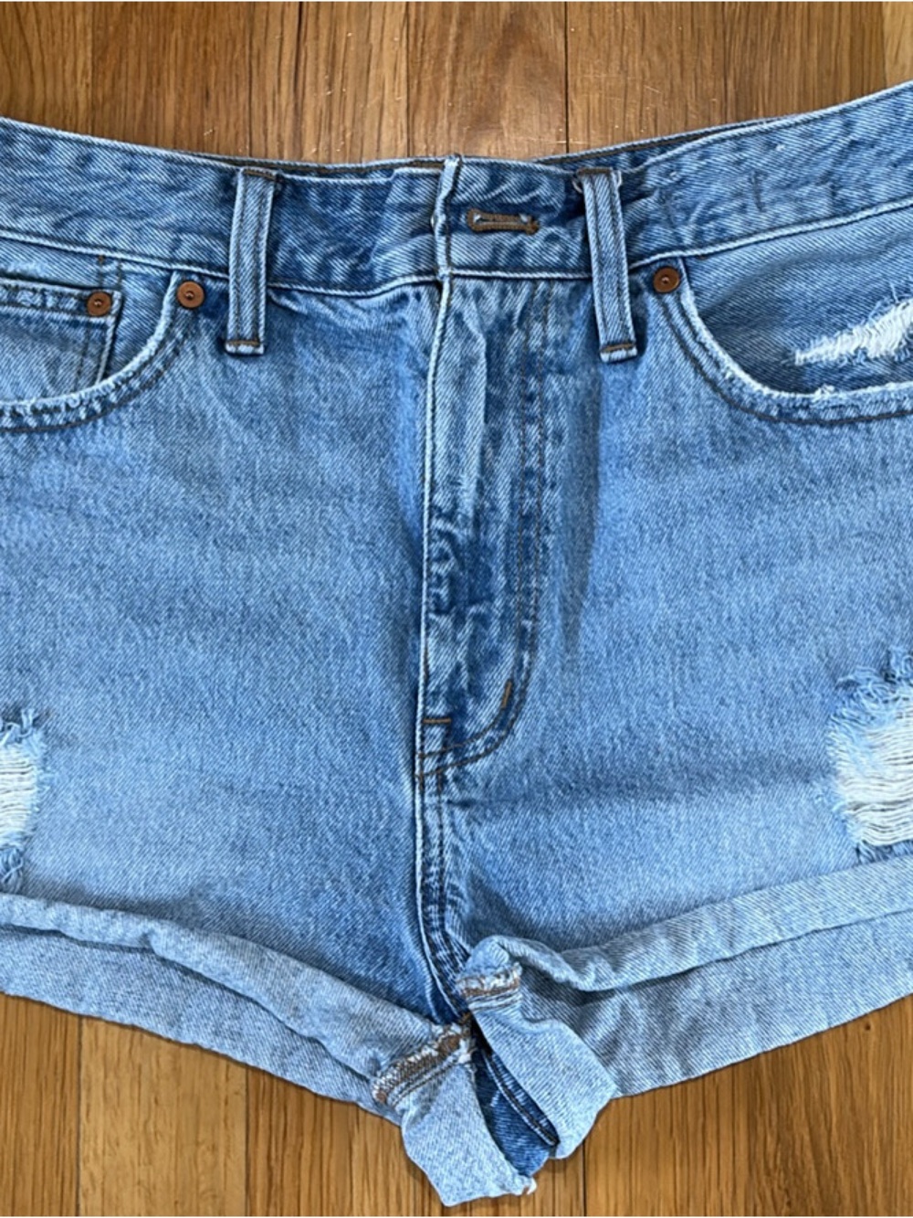 Madewell Light Blue Distressed High-Rise Denim Shorts